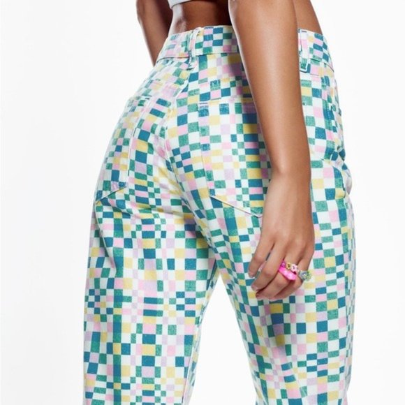 ZARA CHECK PRINT HIGH RISE STRAIGHT FIT JEANS - Picture 6 of 14